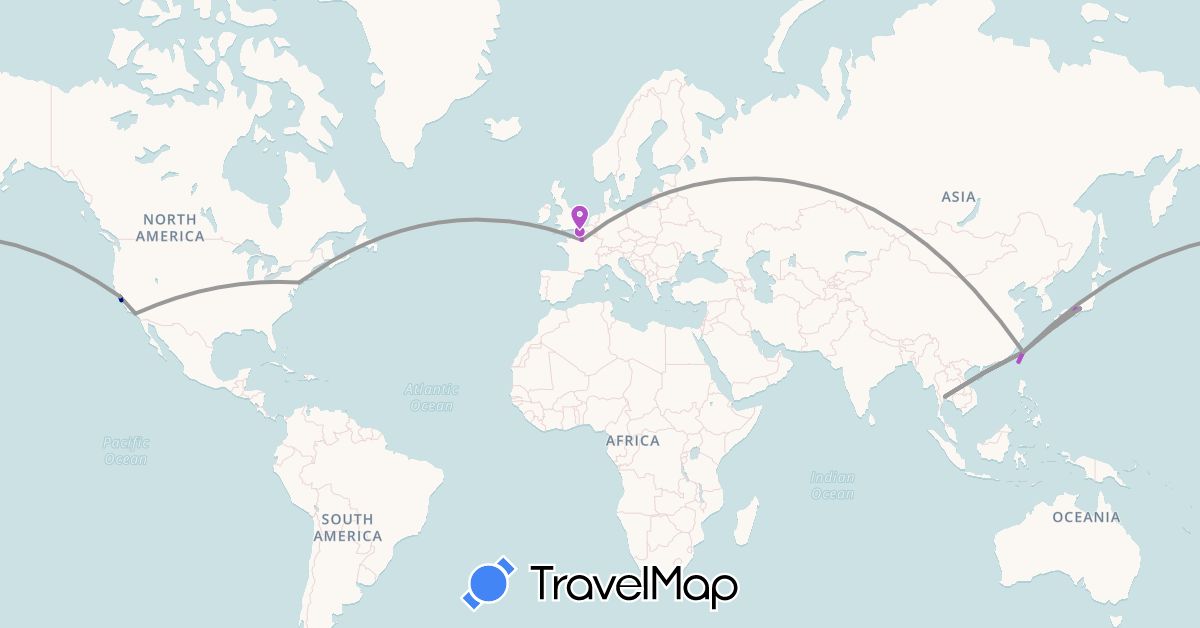 TravelMap itinerary: driving, bus, plane, train in France, Japan, Thailand, Taiwan, United States (Asia, Europe, North America)