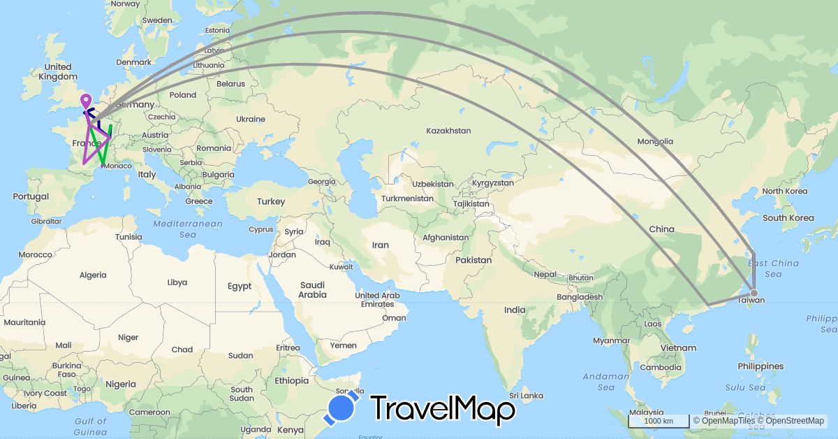 TravelMap itinerary: driving, bus, plane, train in China, France, Taiwan (Asia, Europe)