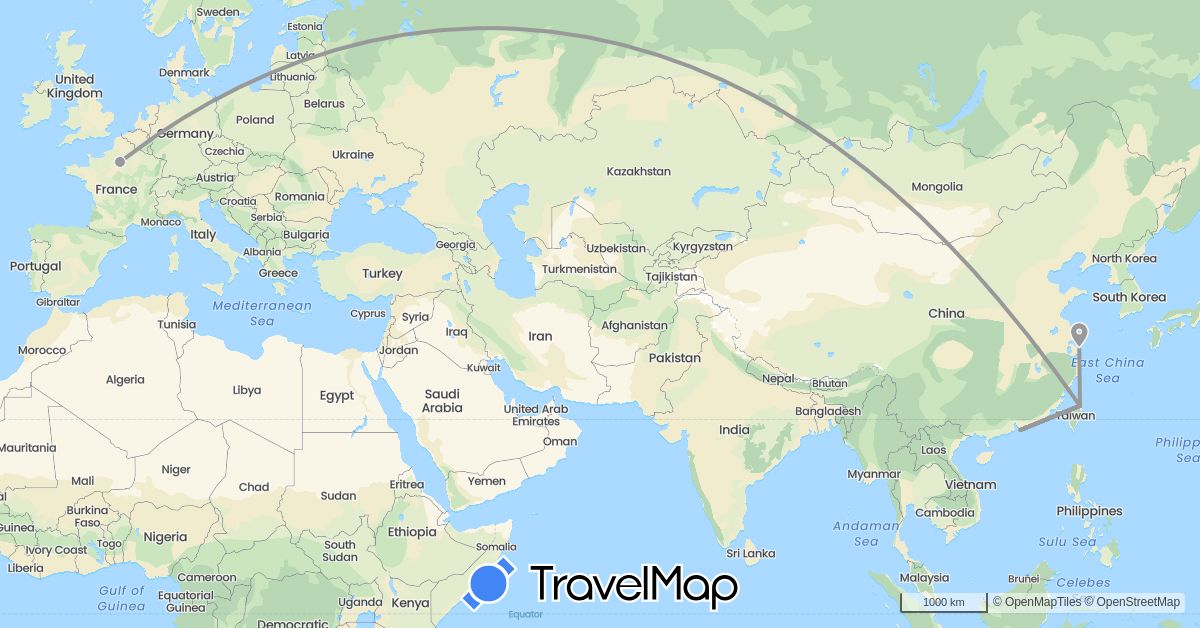 TravelMap itinerary: driving, plane in China, France, Hong Kong, Taiwan (Asia, Europe)
