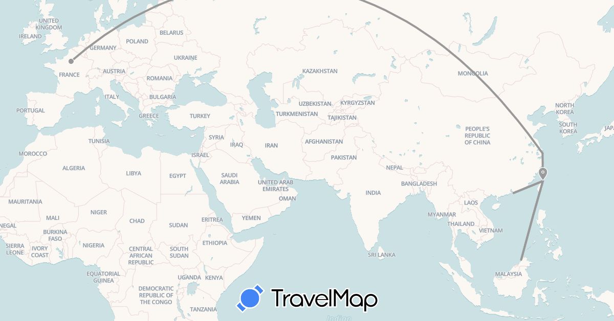TravelMap itinerary: plane in China, France, Hong Kong, Malaysia, Taiwan (Asia, Europe)