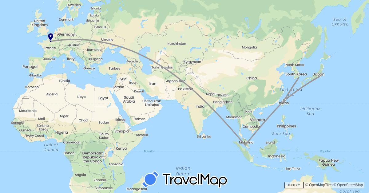 TravelMap itinerary: driving, plane in France, Japan, South Korea, Malaysia, Taiwan (Asia, Europe)