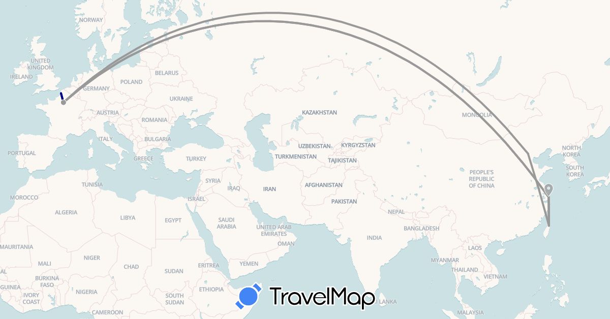 TravelMap itinerary: driving, plane in China, France, Taiwan (Asia, Europe)