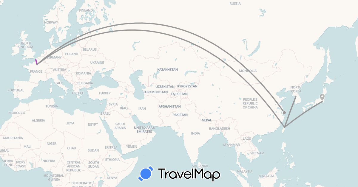 TravelMap itinerary: driving, plane, train in China, France, Japan, South Korea, Taiwan (Asia, Europe)